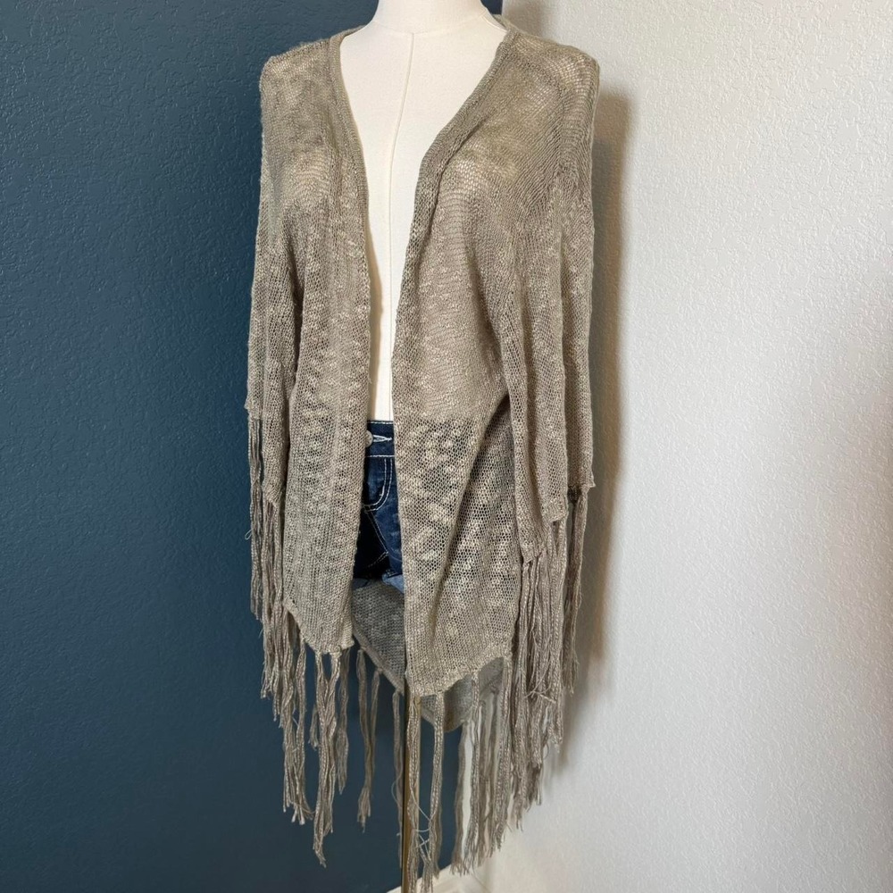 Pol Western Boho Fringe Knit Shawl With Sleeves, Large